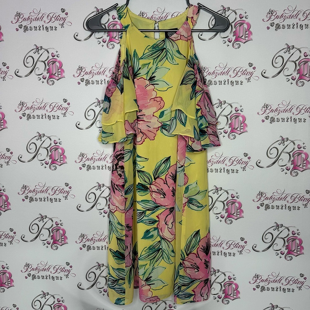 Vince Camuto dress floral flowers open shoulders flowy ruffle frilly sleeve luxe